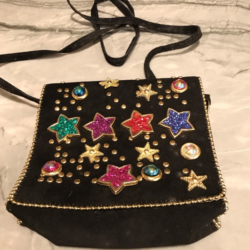 Black Star-Embellished Crossbody Bag with Multicolor Gems